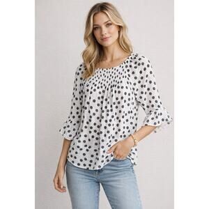 White Black Polka Dot Smocked Peasant Blouse Womens Small Boho Ruffle Sleeve